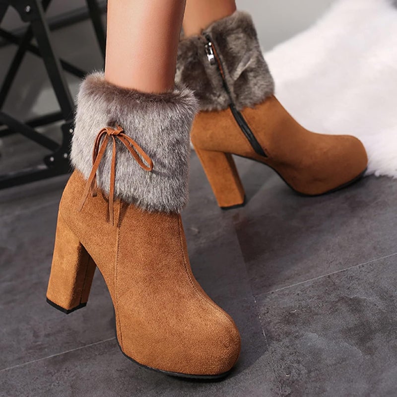 woobles Winter Boot for Women,Women Round Toe Platform Booties Ladies Cute Chunky High Heel Snow Ankle Boot Wedge Zipper Slip On Boot Causal Walking Dress Shoe (Brown, 8) - Image 4